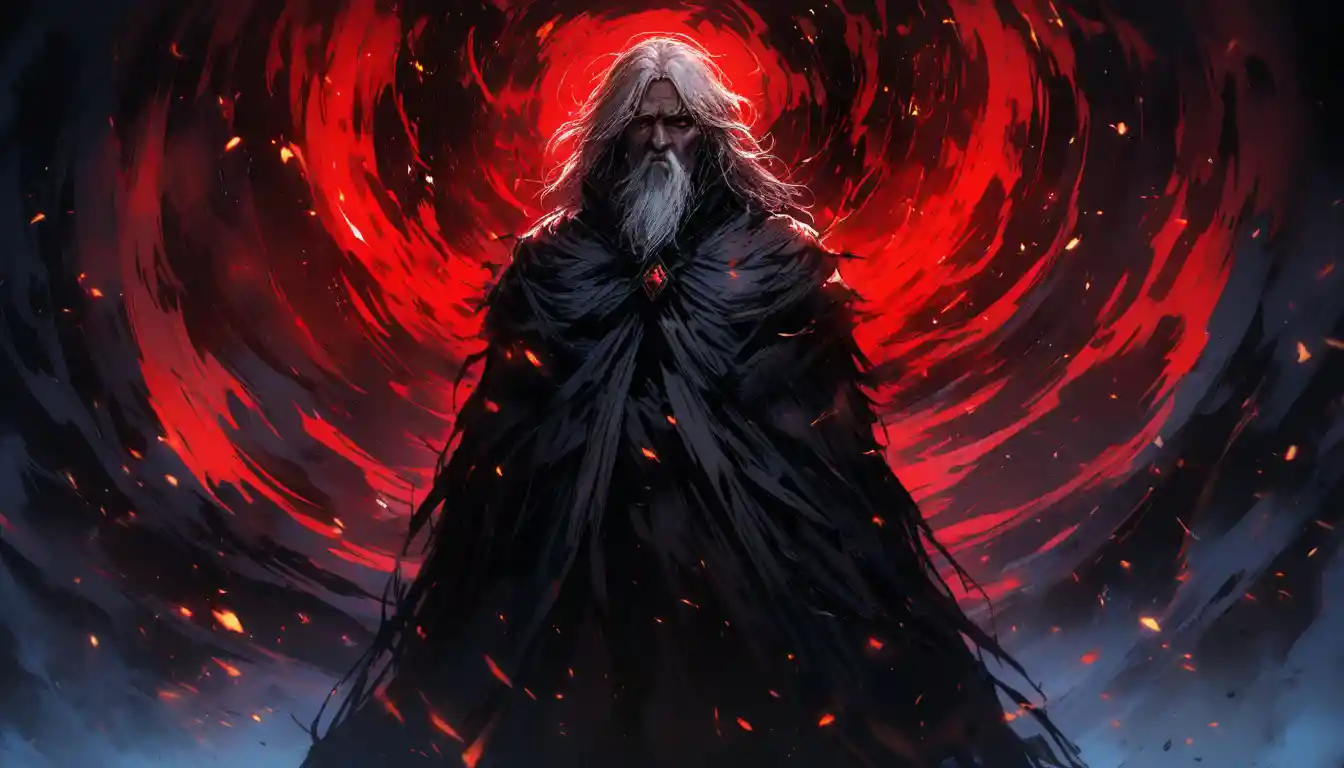 Rugged bald man in storm of ash and embers