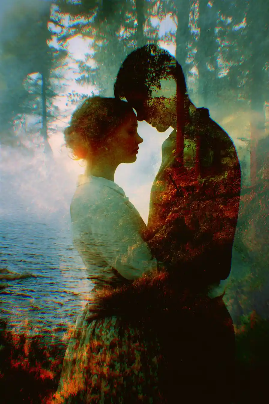 Broken heartscape over forest and sea in double exposure