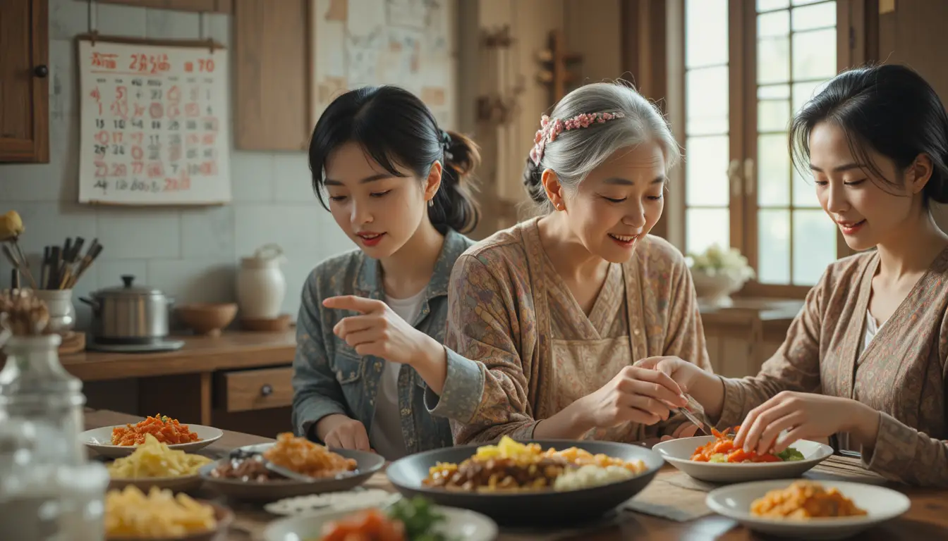 Exhausted young Korean woman alone in a warm kitchen