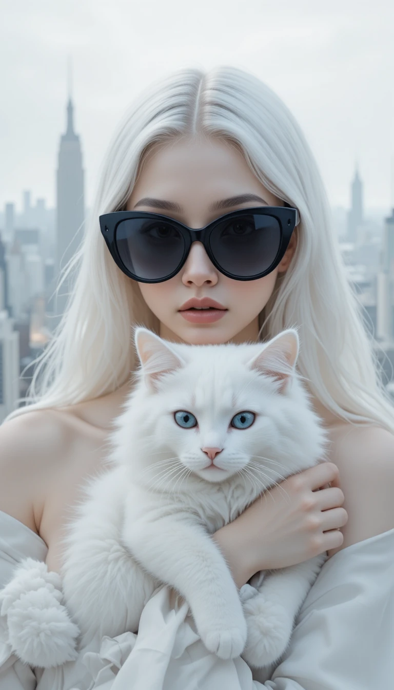 Elegant white haired woman with cat in minimalist cityscape