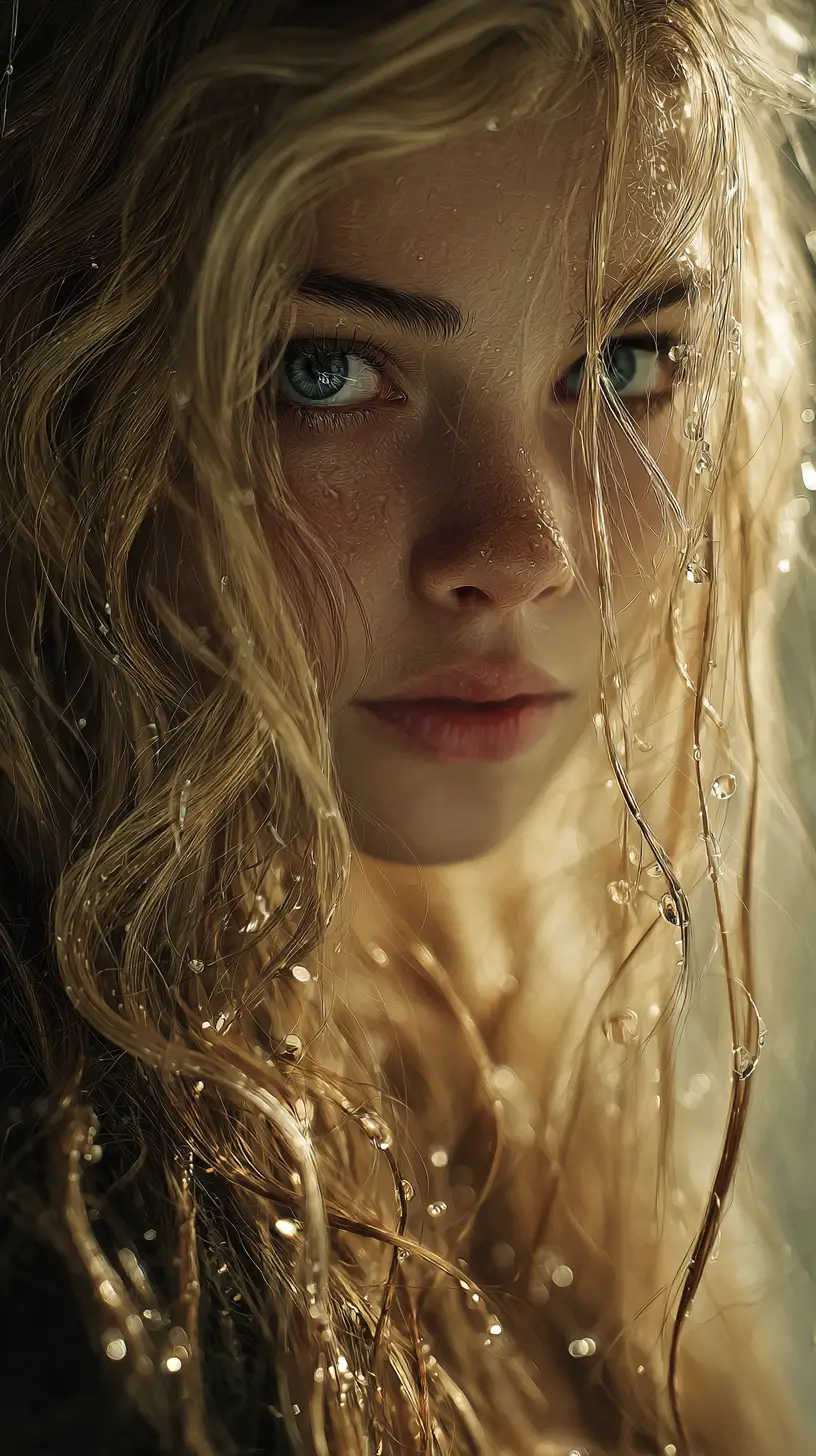 Anime girl in rain with melancholic blue eyes