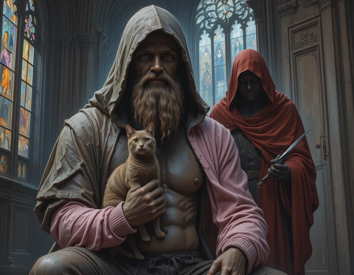 Bronze hooded statue with cat in gothic cathedral
