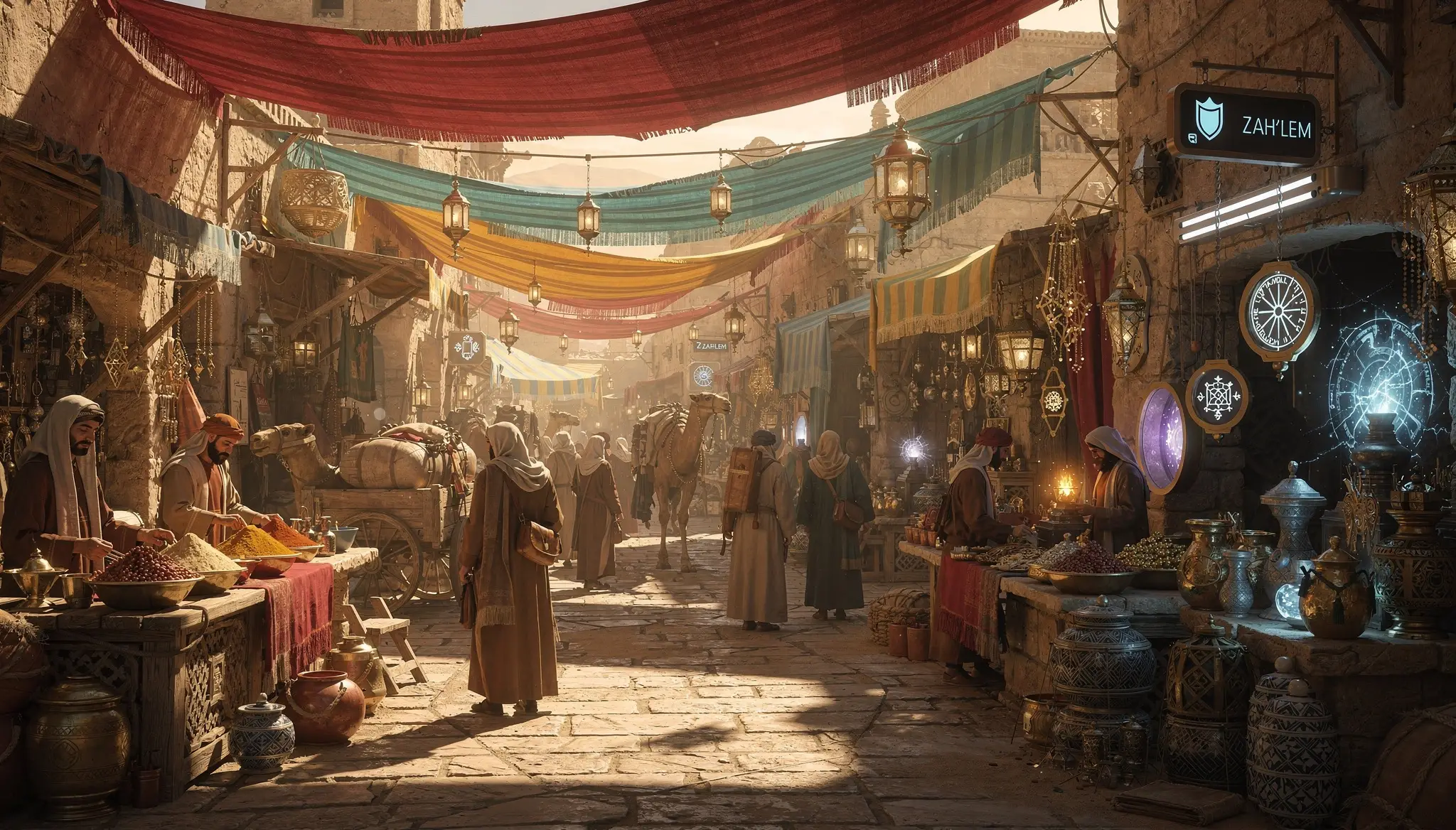 Bustling desert souk with merchants in a narrow market street