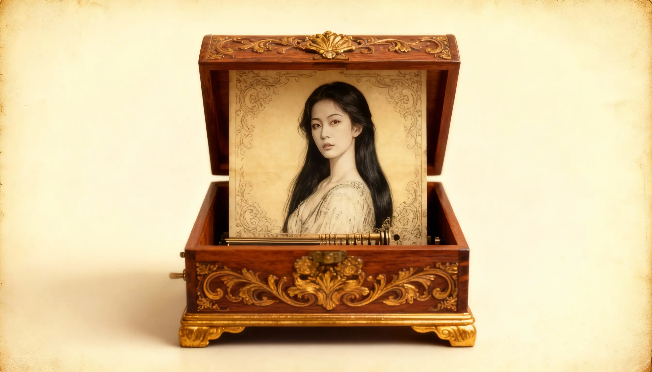 Vintage wooden music box opening to reveal a portrait