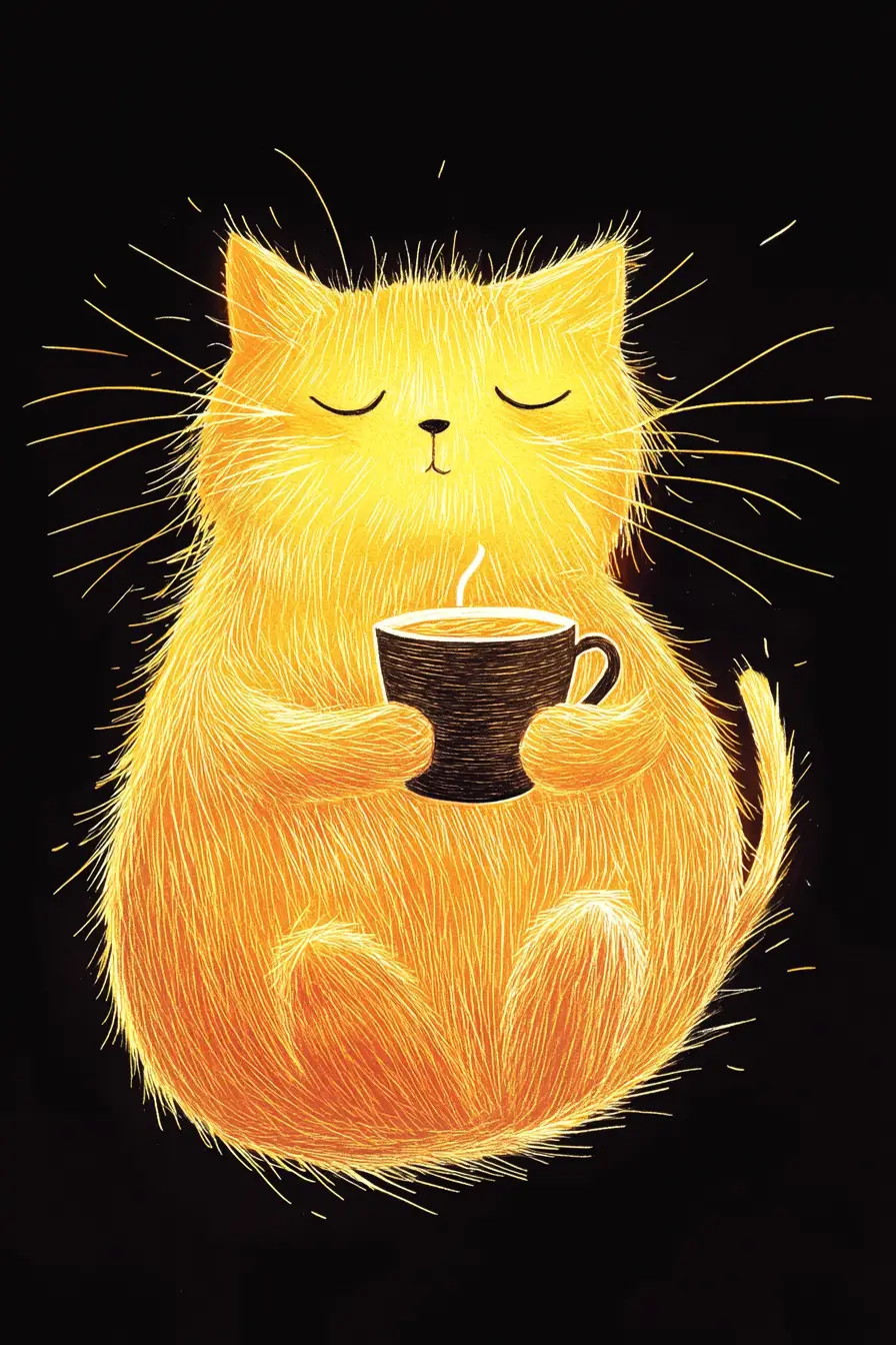 Cartoon yellow cat enjoying coffee on dark background