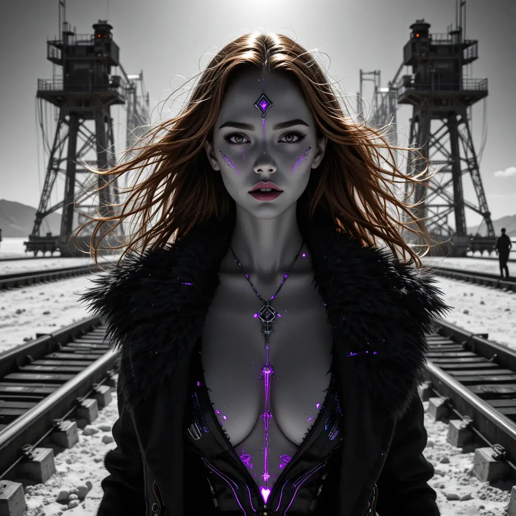 Cyberpunk woman on salt flat logistics hub in harsh sun