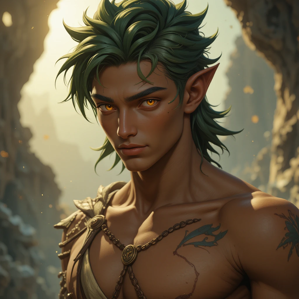 Young fantasy god of love with bronze skin and green hair