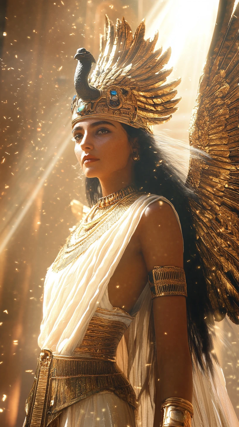 Ancient Egyptian queen in ceremonial pose under divine sunlight