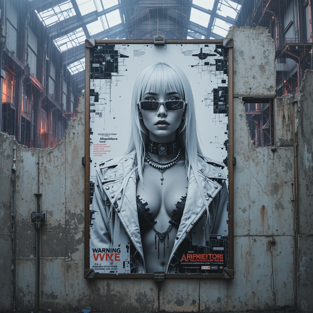 Noir-Modeposter an versengter Betonhangarwand