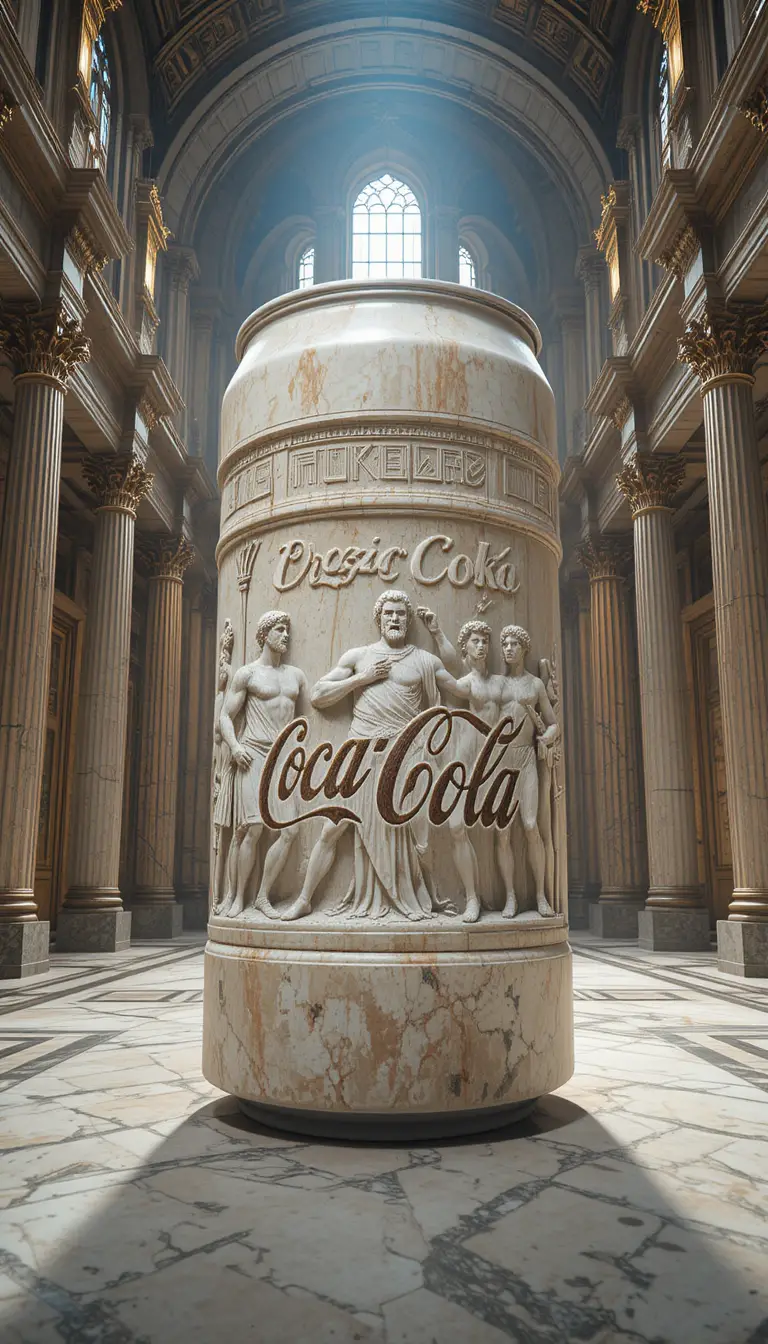Marble soda can temple displayed inside a grand cathedral