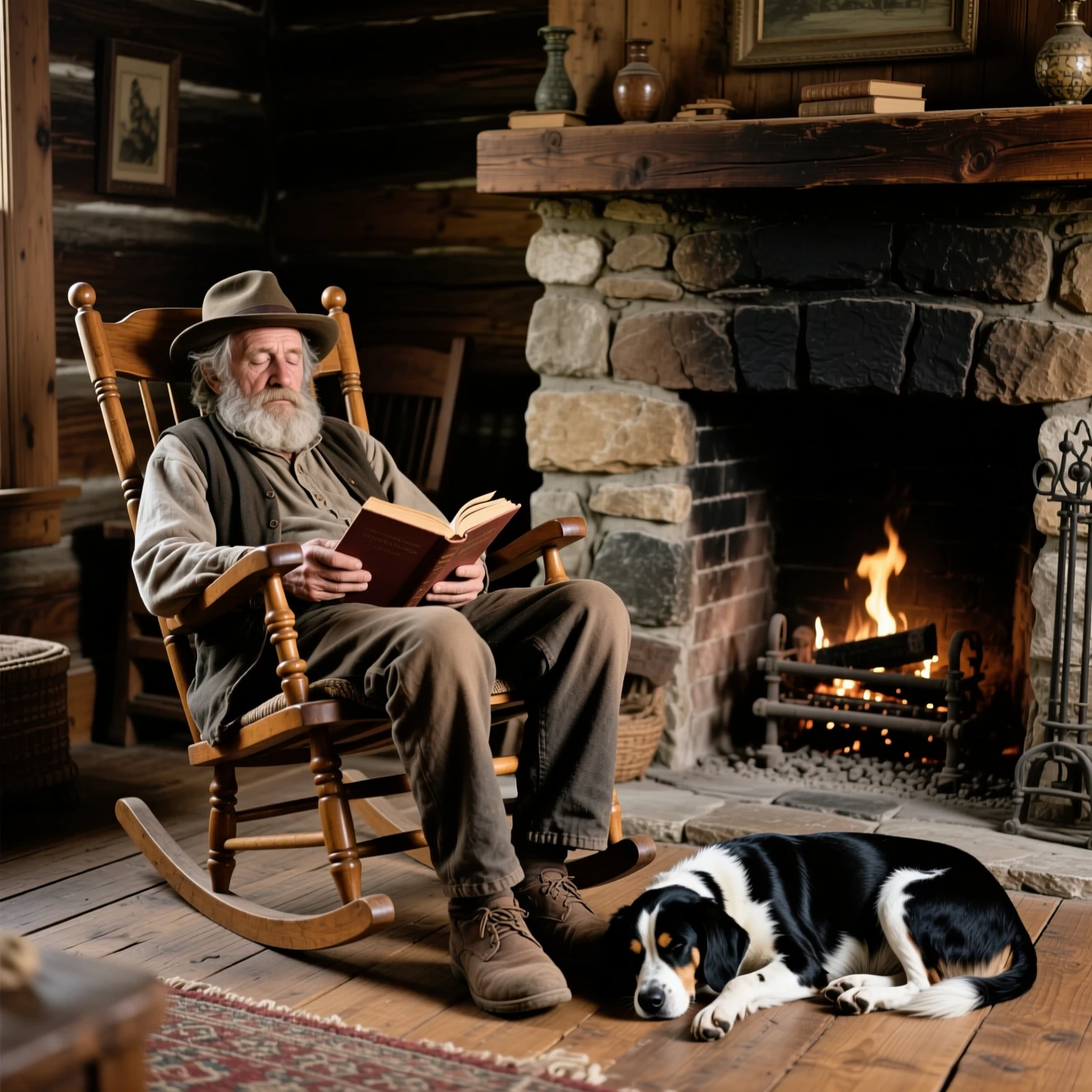 Old man sleeping in rocking chair by stone fireplace