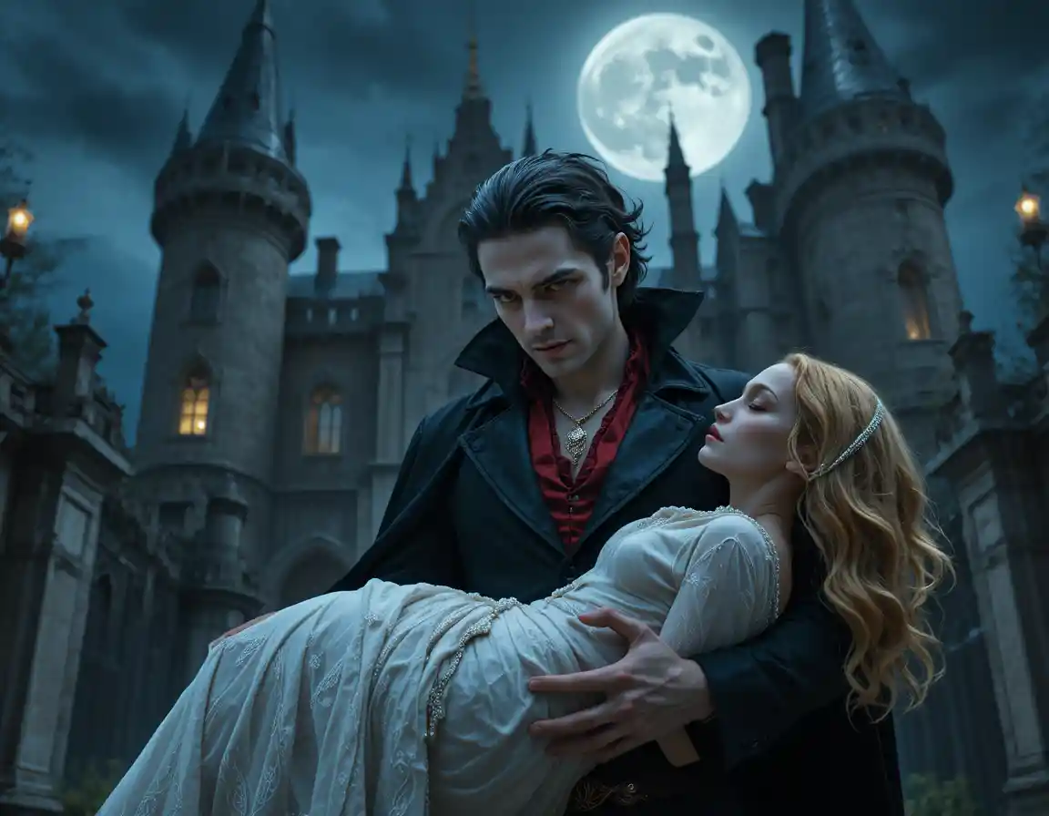 Vampiro segurando mulher inconsciente diante de um castelo gótico