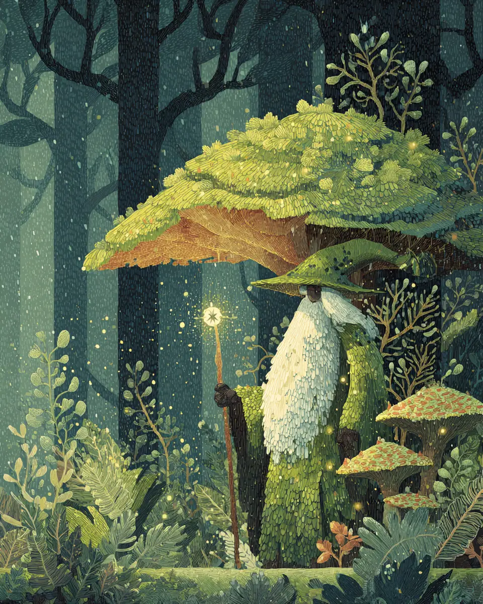 Ancient mushroom guardian in a dreamy forest illustration