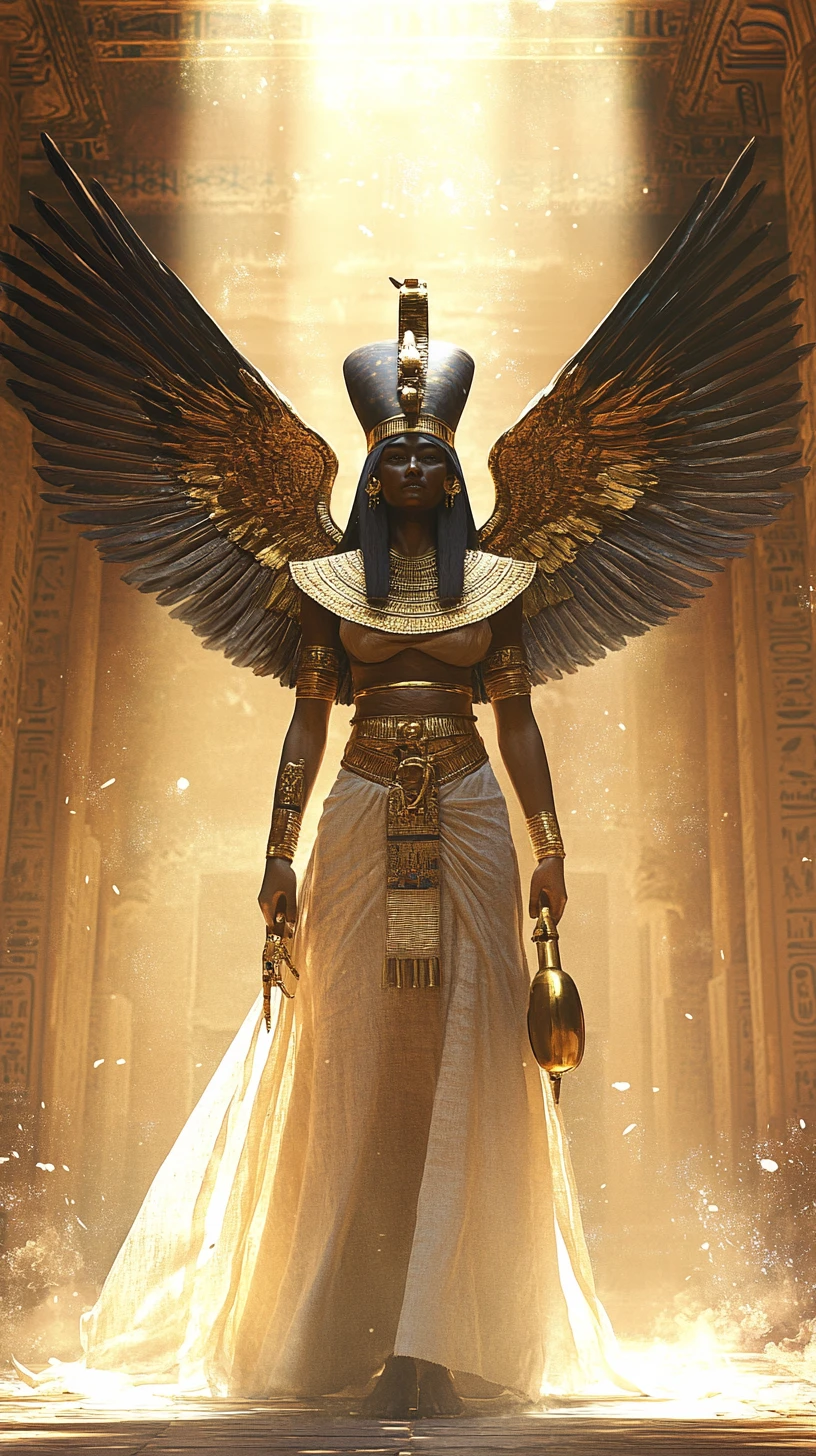 Egyptian queen in ceremonial pose inside sunlit temple hall