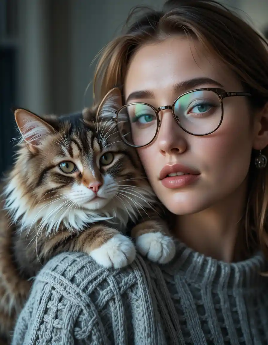 Mulher de óculos abraçando um gato tigrado fofinho