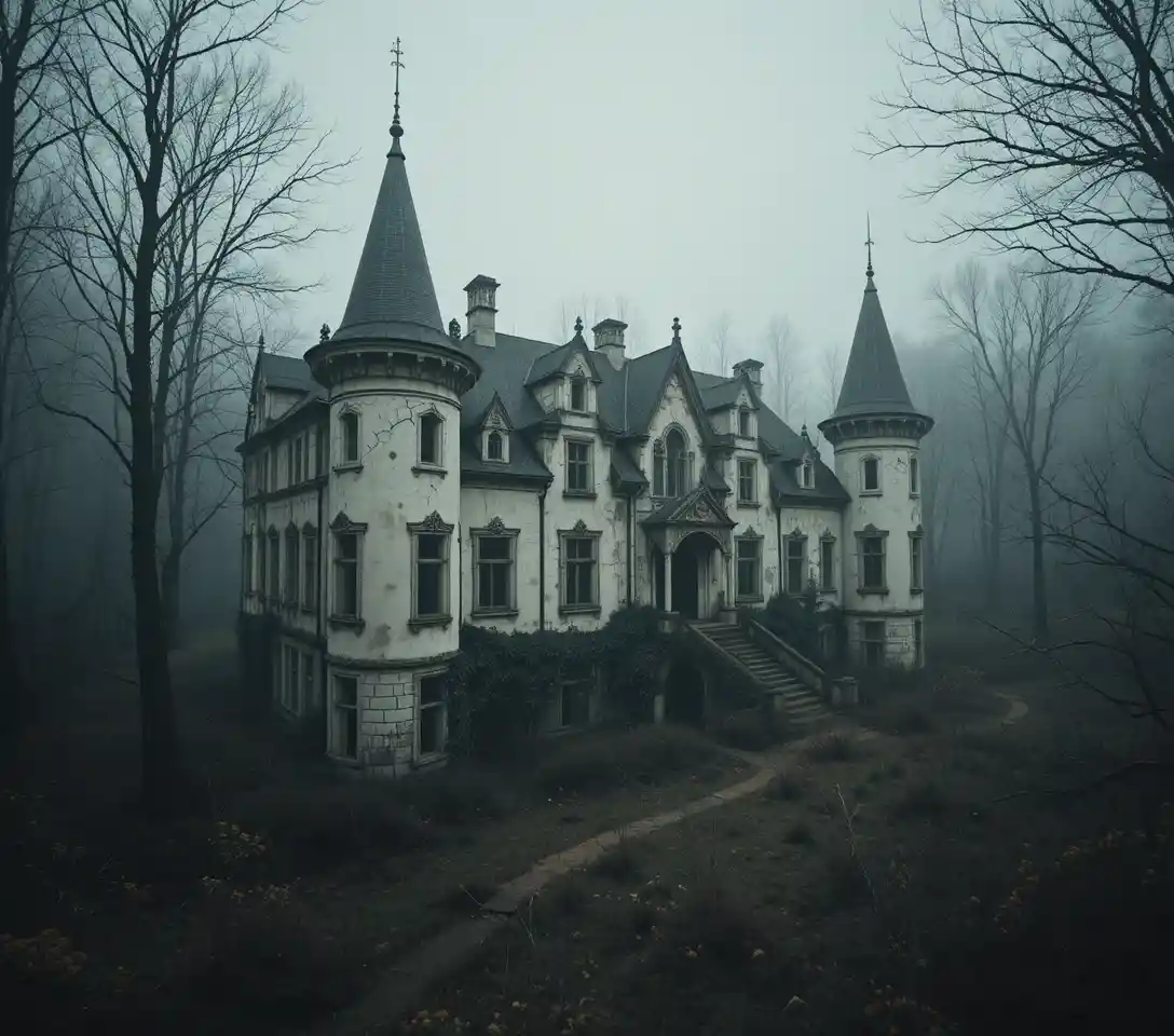 Castelo francês abandonado em floresta sombria vista aérea