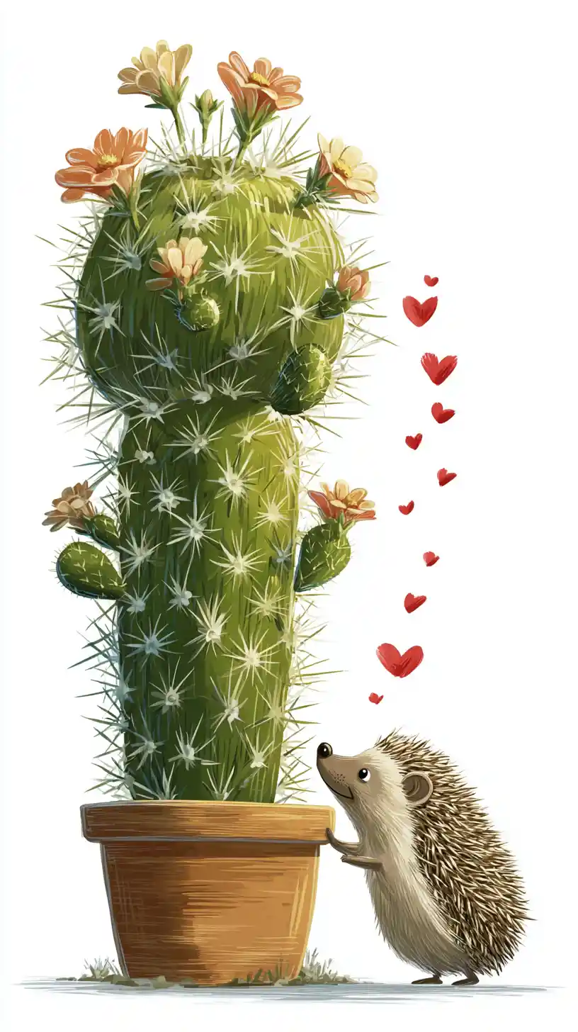 Hedgehog In Love With Cactus In Bright Greenhouse