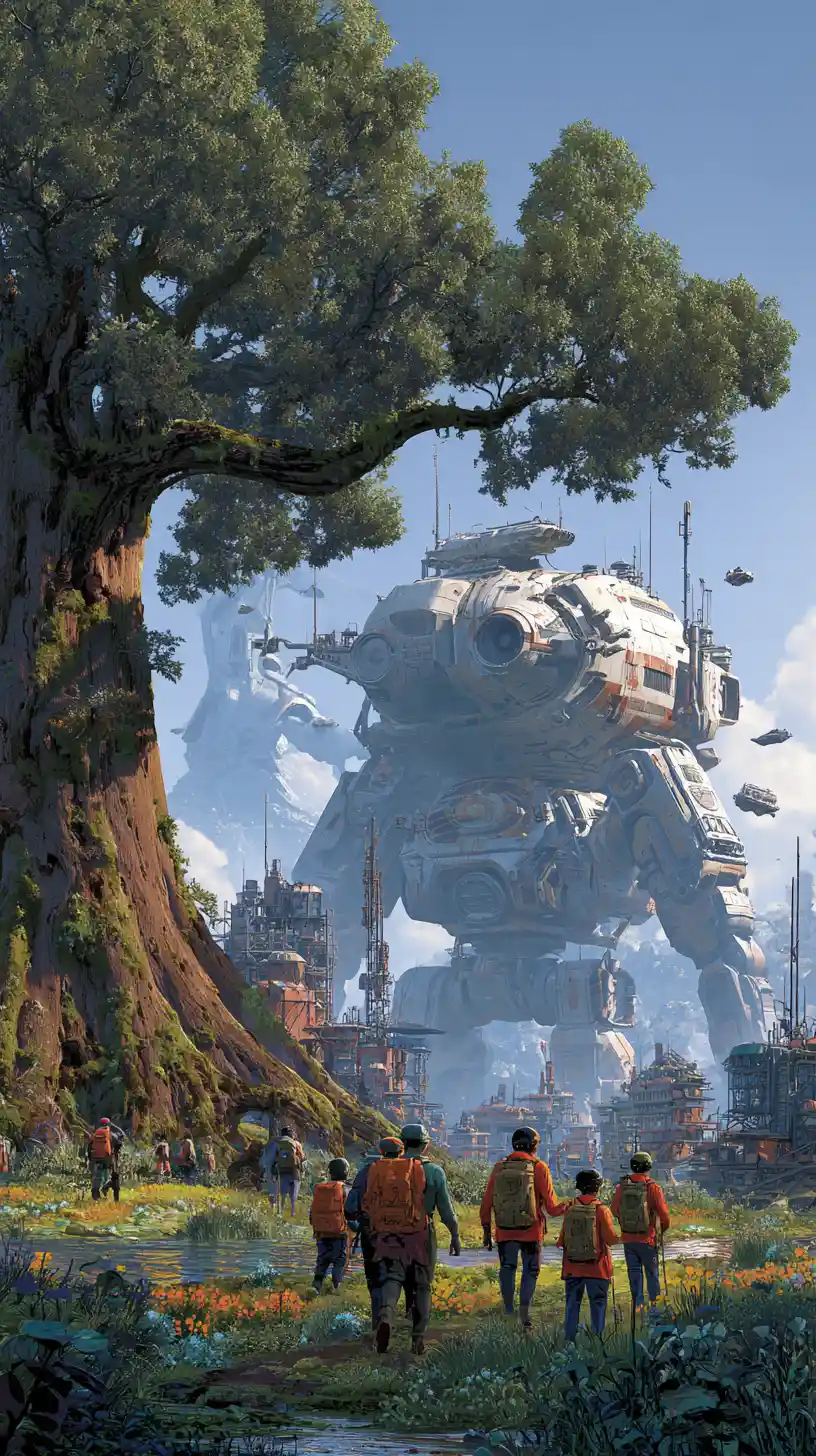 Exploradores Cruzando uma Imensa Paisagem Alienígena com Máquinas Gigantes