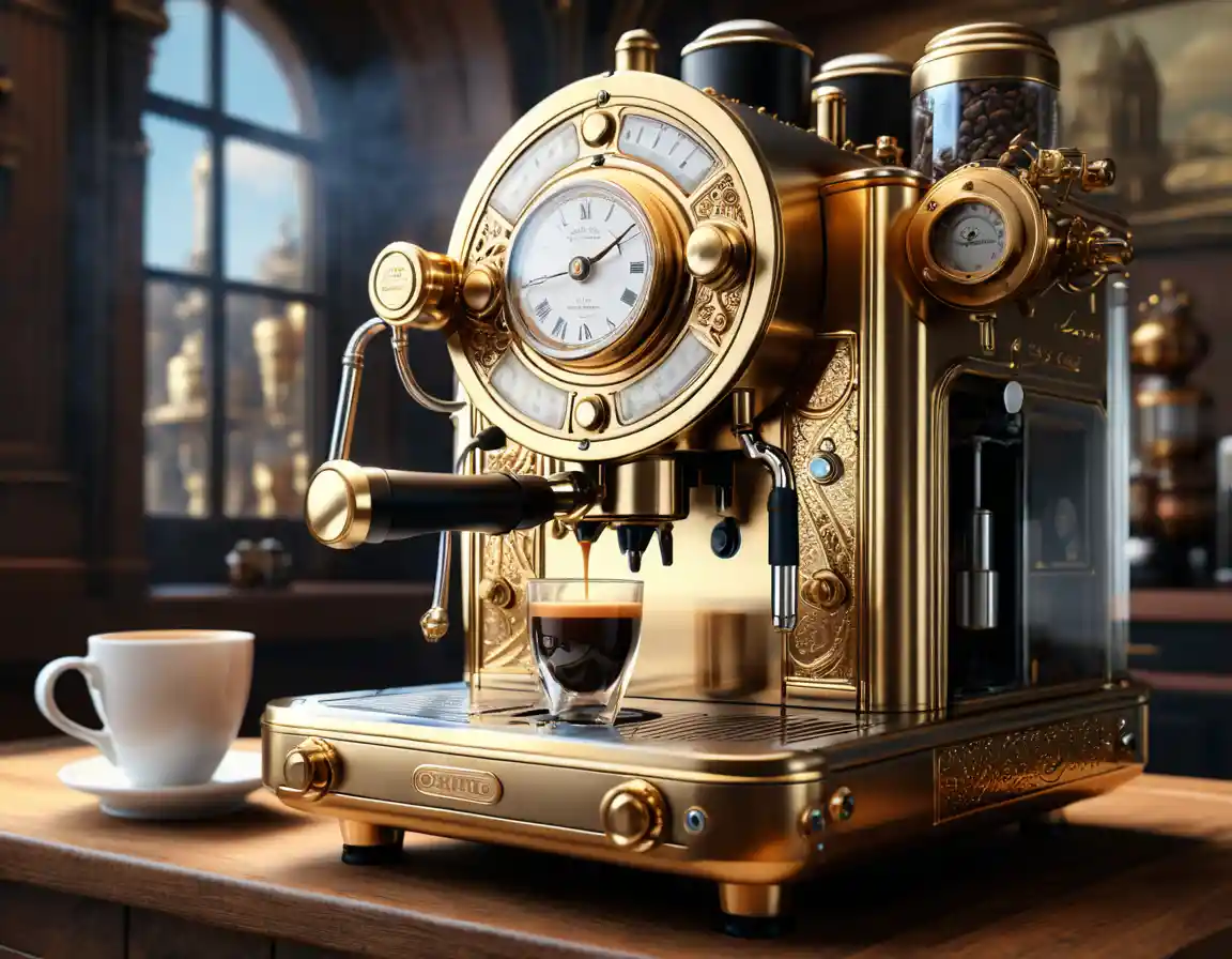 Steampunk coffee machine in soft analog style lighting