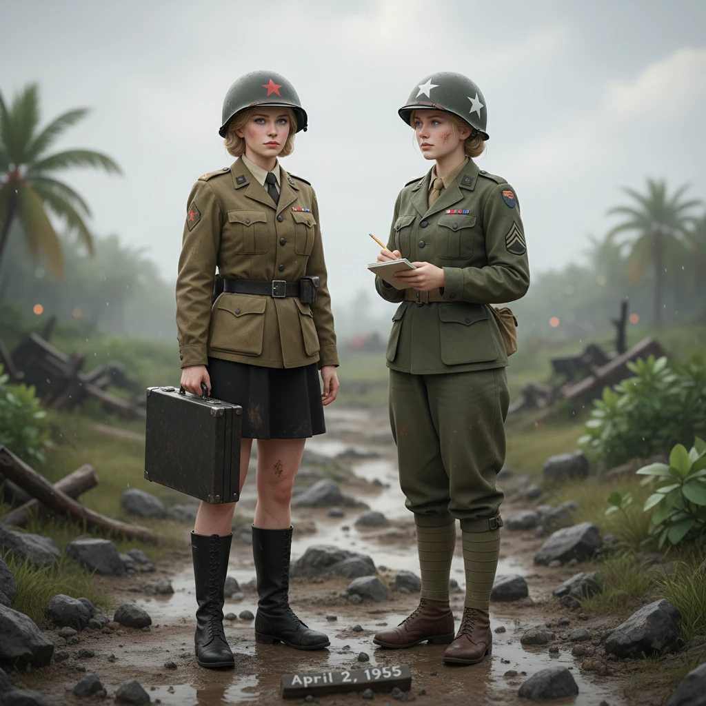 Soviet woman advisor with US soldier on Okinawa battlefield