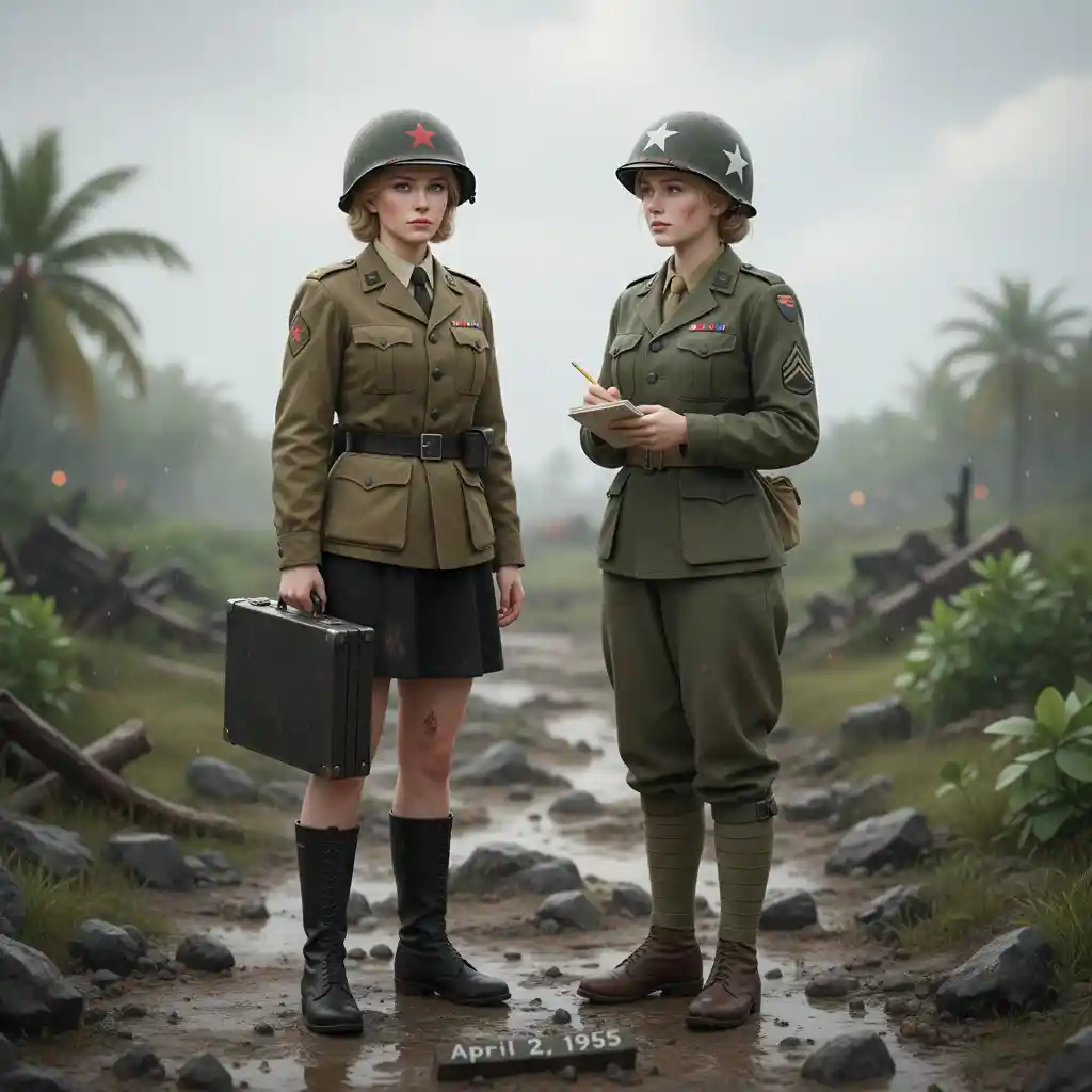 Soviet woman advisor with US soldier on Okinawa battlefield