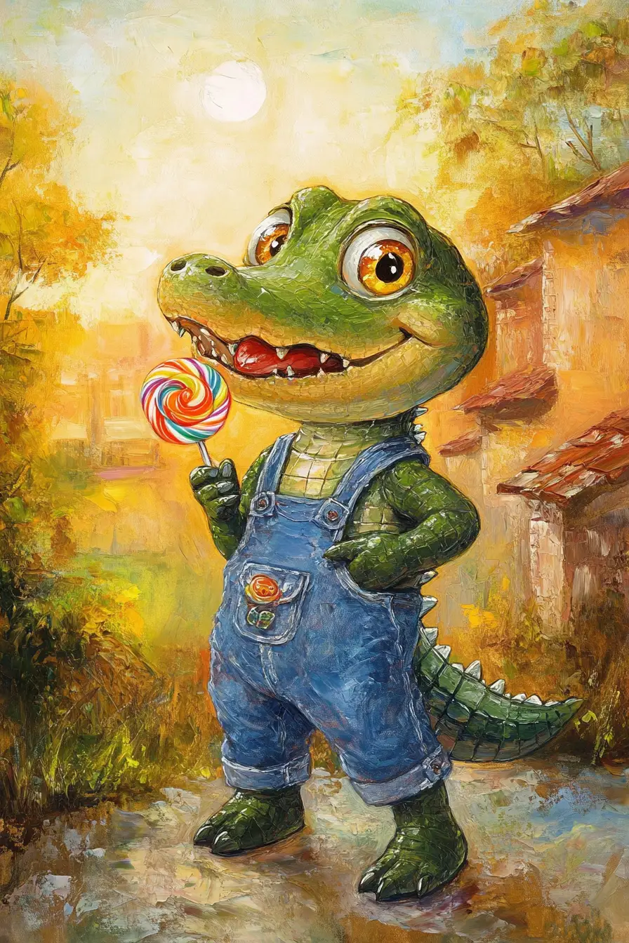 Cute baby crocodile in overalls enjoying a lollipop
