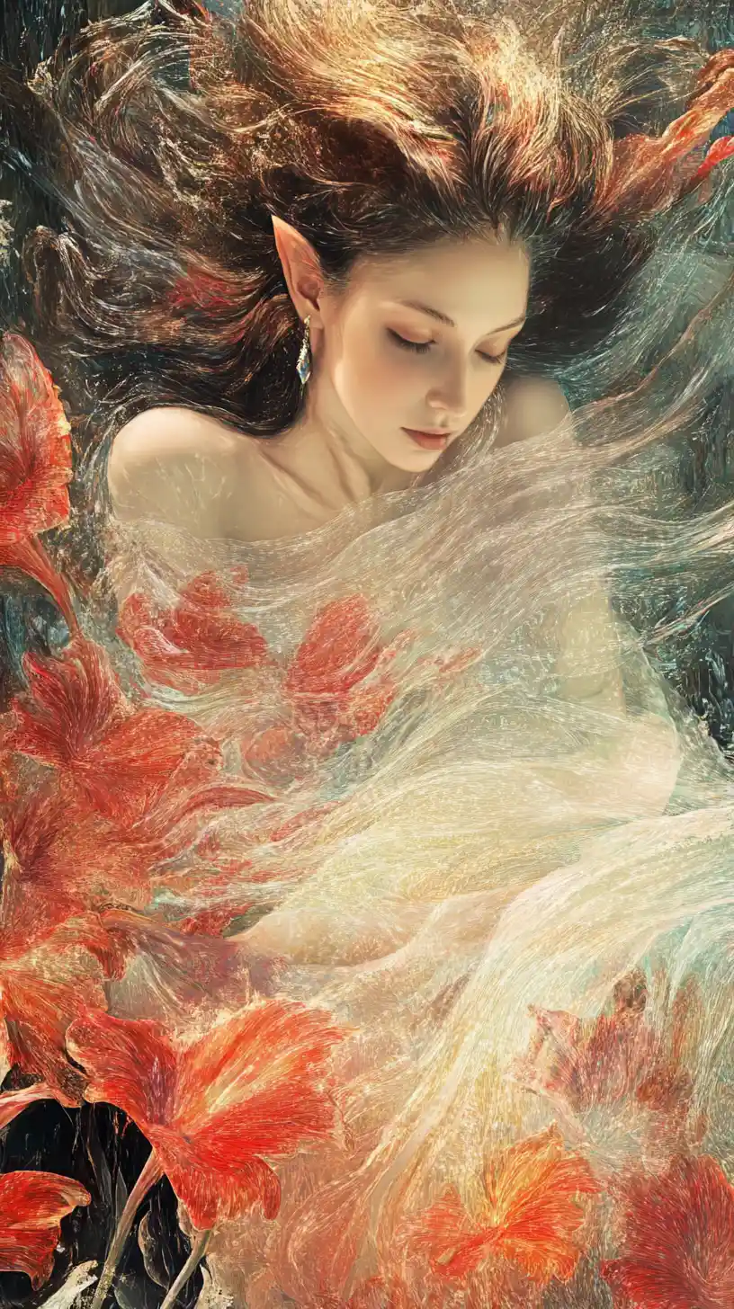 Fantasy woman in neon chiffon surrounded by glowing flowers