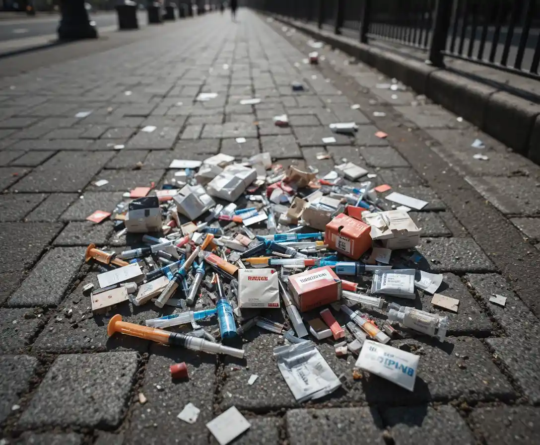 Scattered medical waste littering an urban public pathway