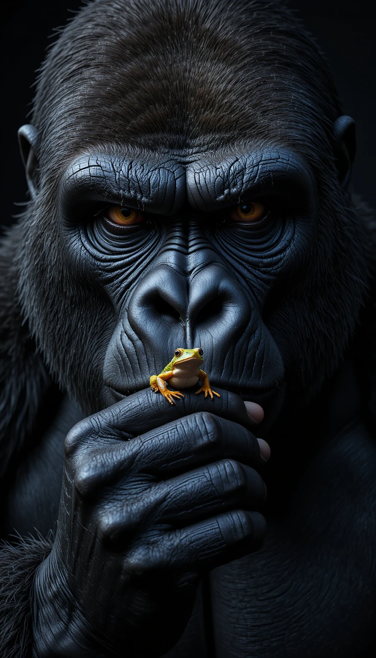 Close up portrait of a silverback gorilla holding a tiny frog