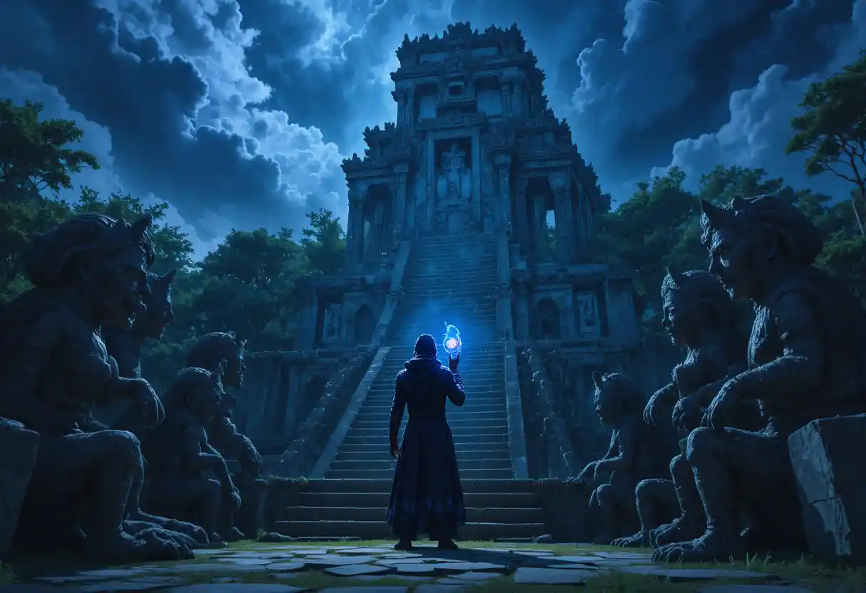 Ancient jungle temple under surreal violet aurora shadows