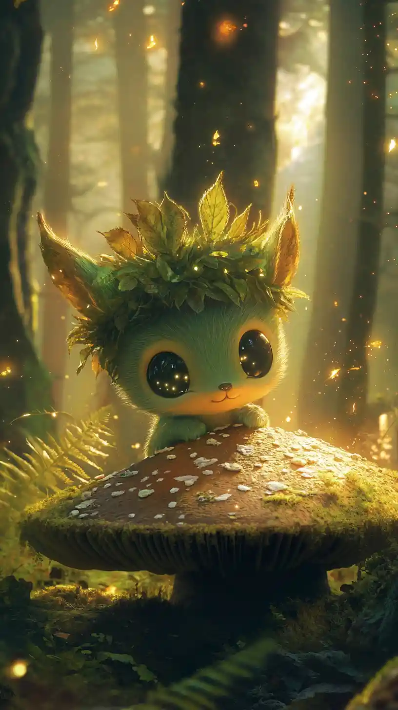 Shy forest creature hiding behind a giant mushroom
