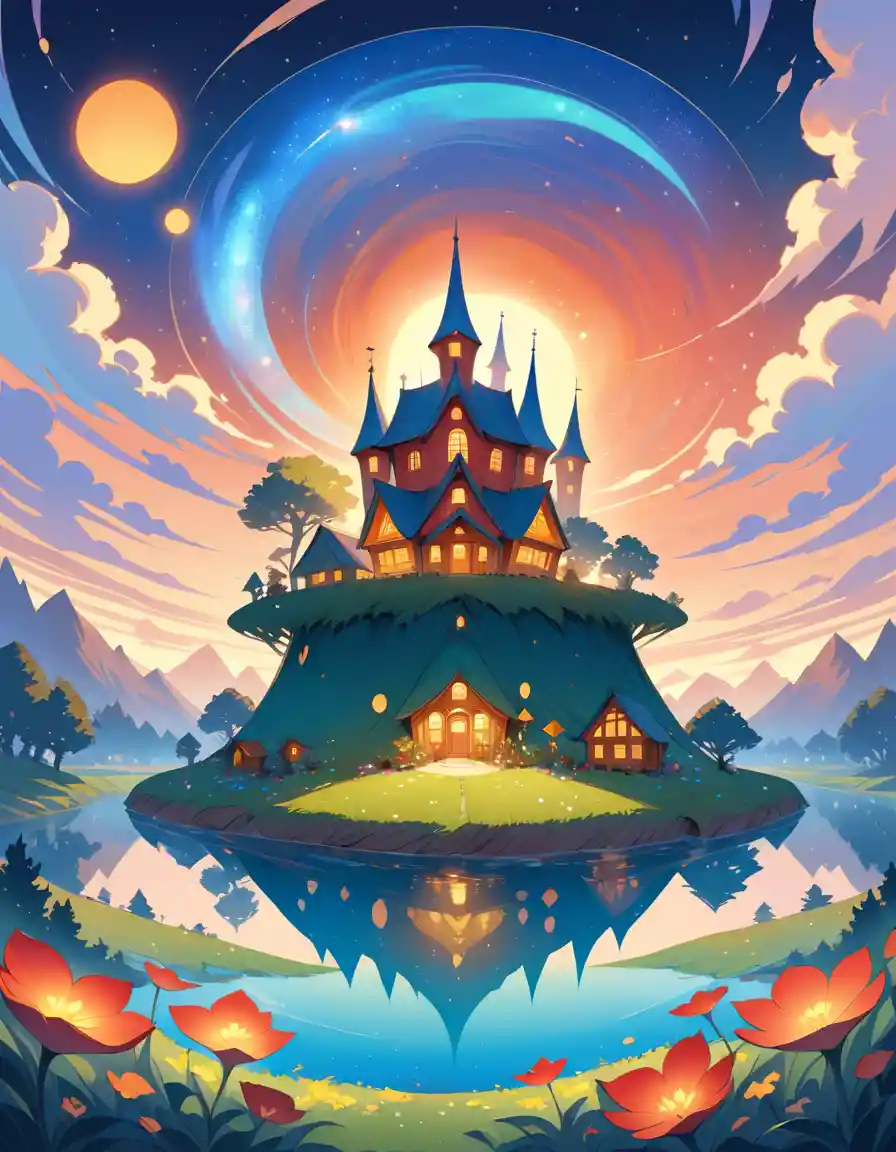 Surreal gnome village floating above a glowing flower meadow