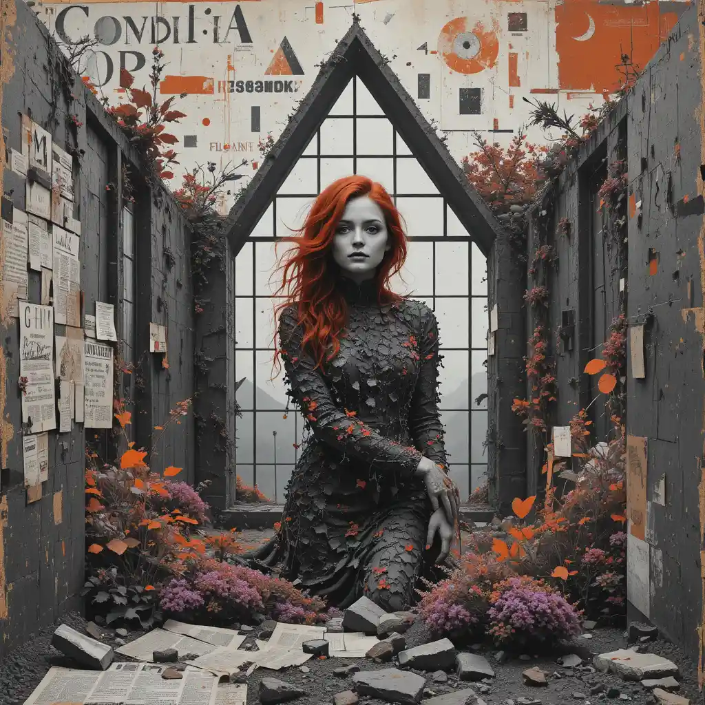 Surreal red haired woman in volcanic greenhouse collage
