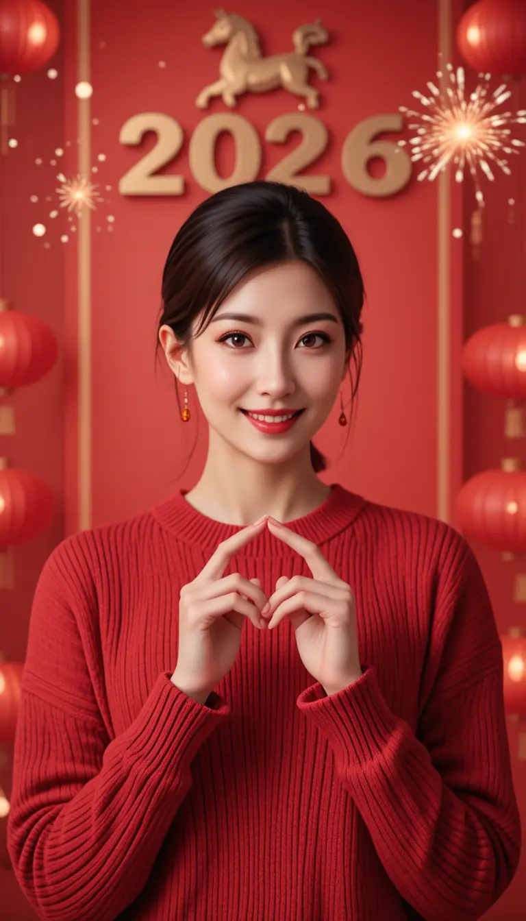 赤いセーターでハートポーズをする中国人女性