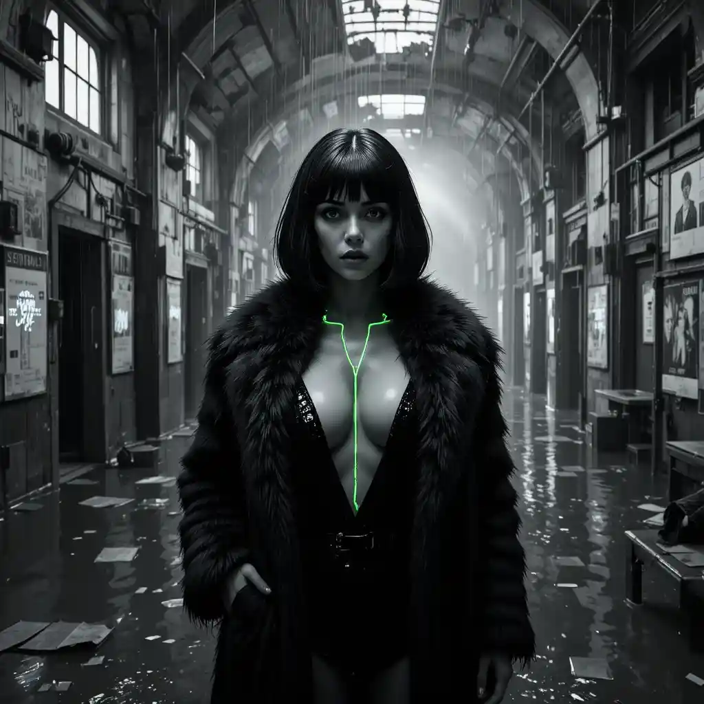 Dark fashion woman in flooded industrial opera interior