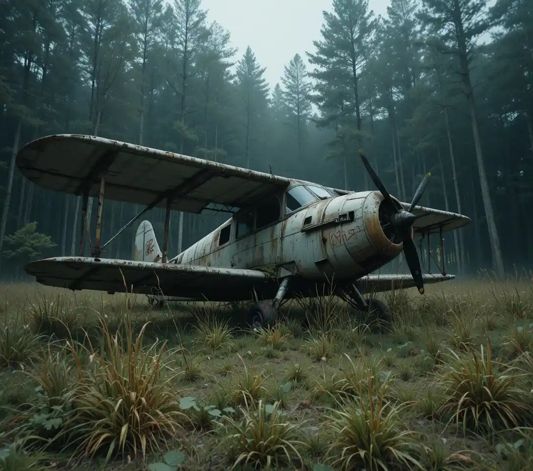 Biplano vintage abandonado en un claro boscoso entre la niebla