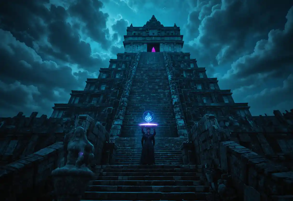 High priest at a jungle temple under surreal glowing sky