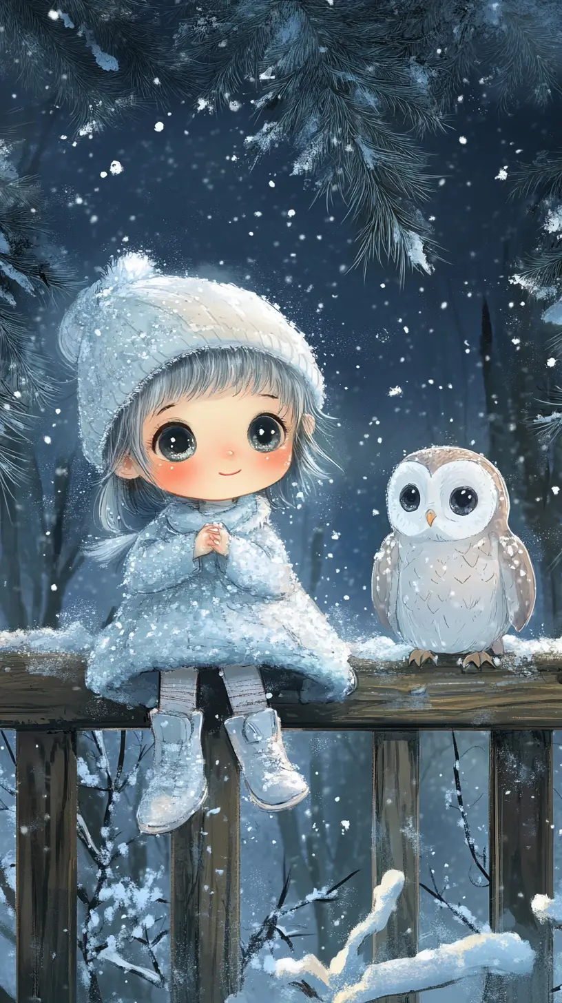 Winter fairy child with owl on snowy forest fence