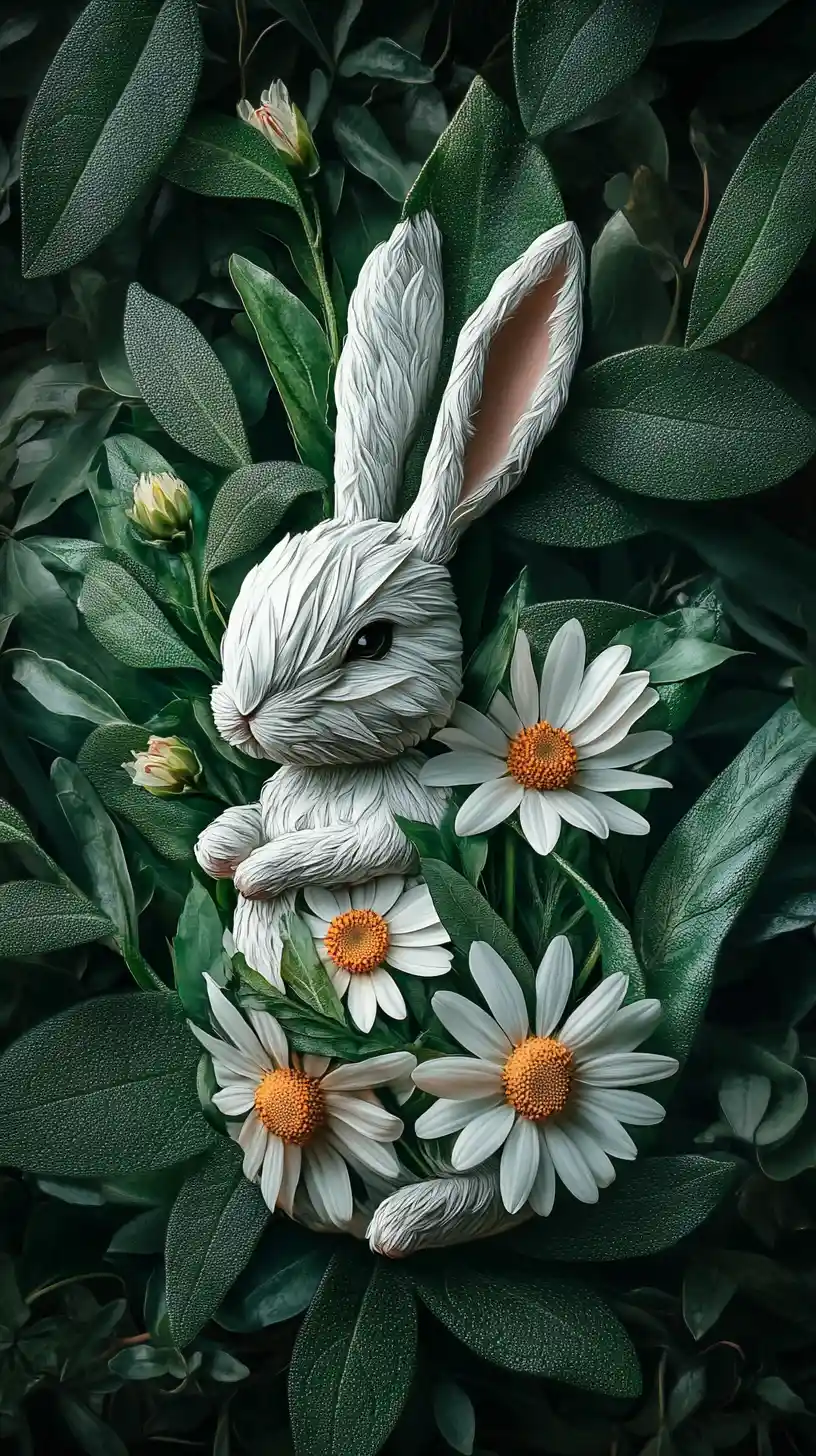 Surreal rabbit formed from soft daisy petals and leaves