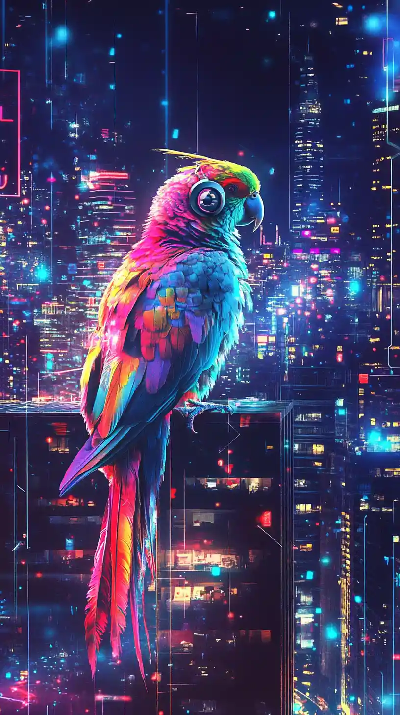 Futuristic neon parrot on a rooftop above glowing city