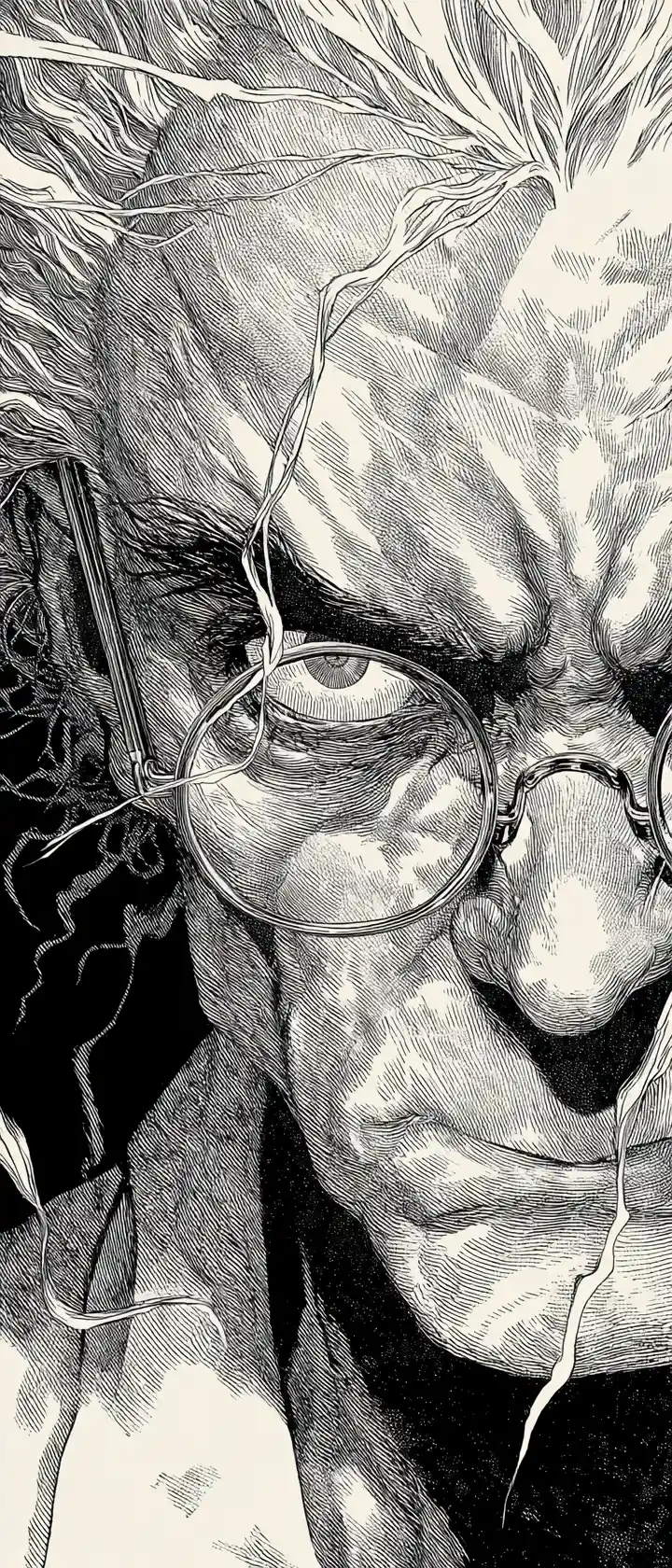 Tormented inventor close up lit from below in darkness