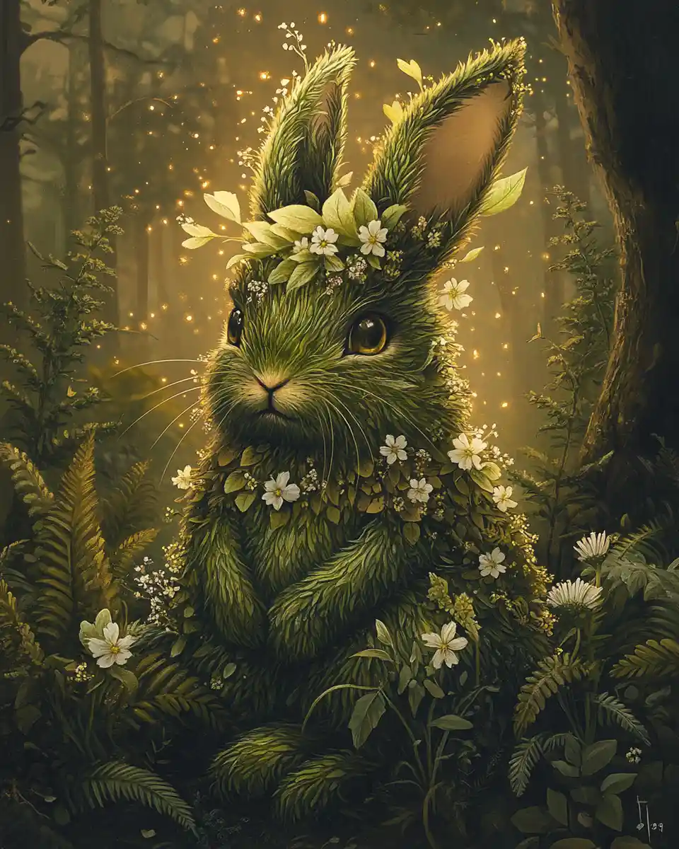 Fantasy forest rabbit among glowing flowers and ferns