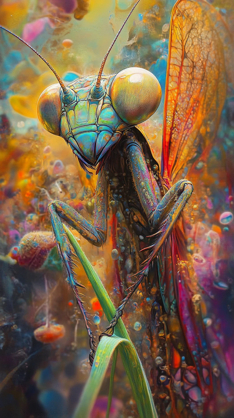 Psychedelic mantis on grass in swirling abstract colors