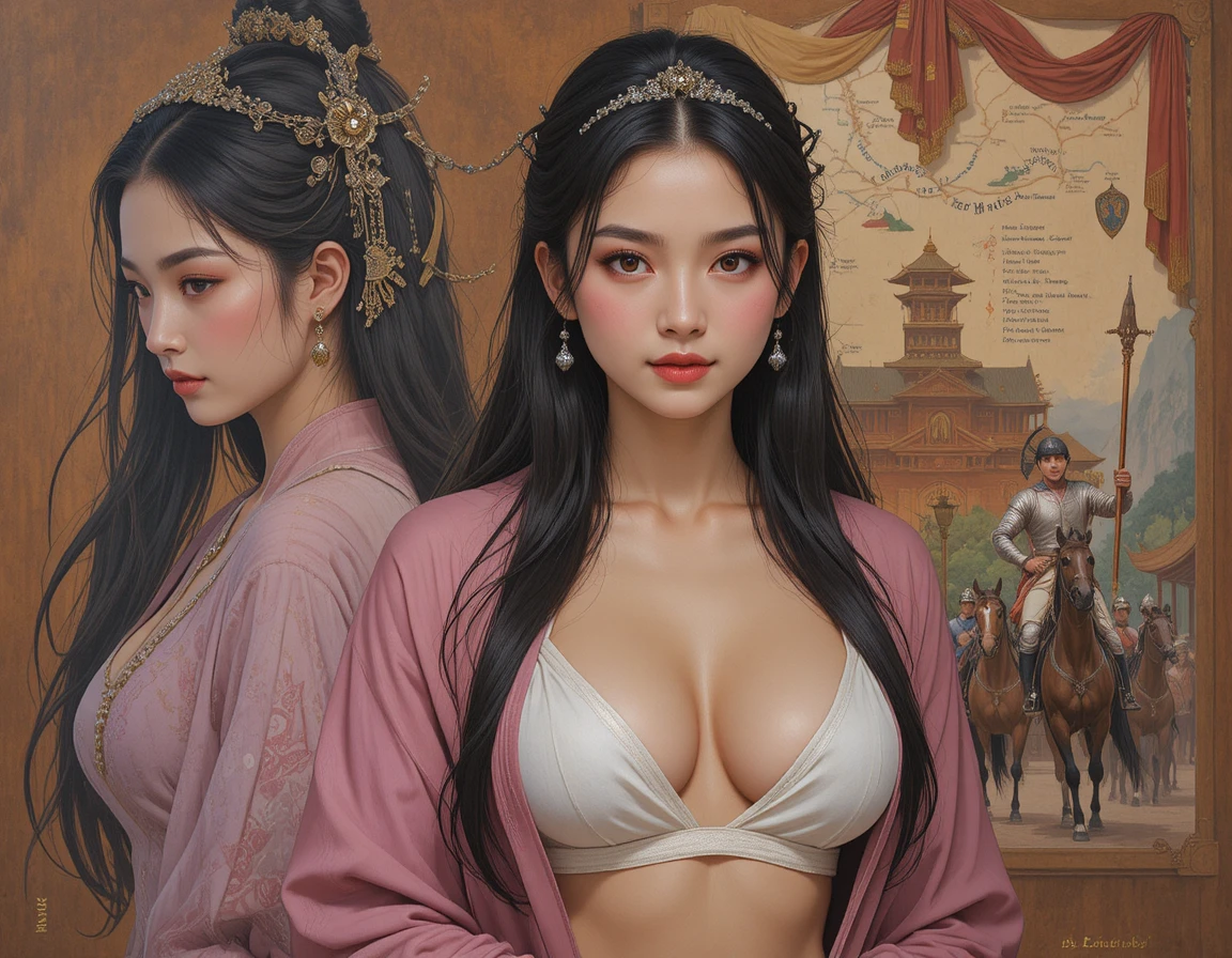 Epic fantasy warrior and crowned woman before an Asian fortress
