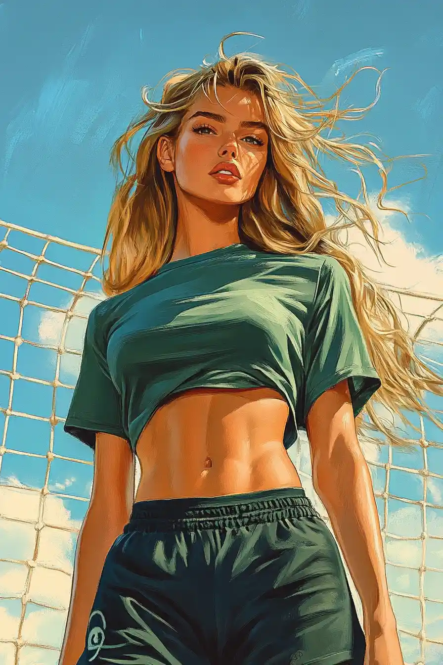 Retro poster of a female soccer player under bright blue sky