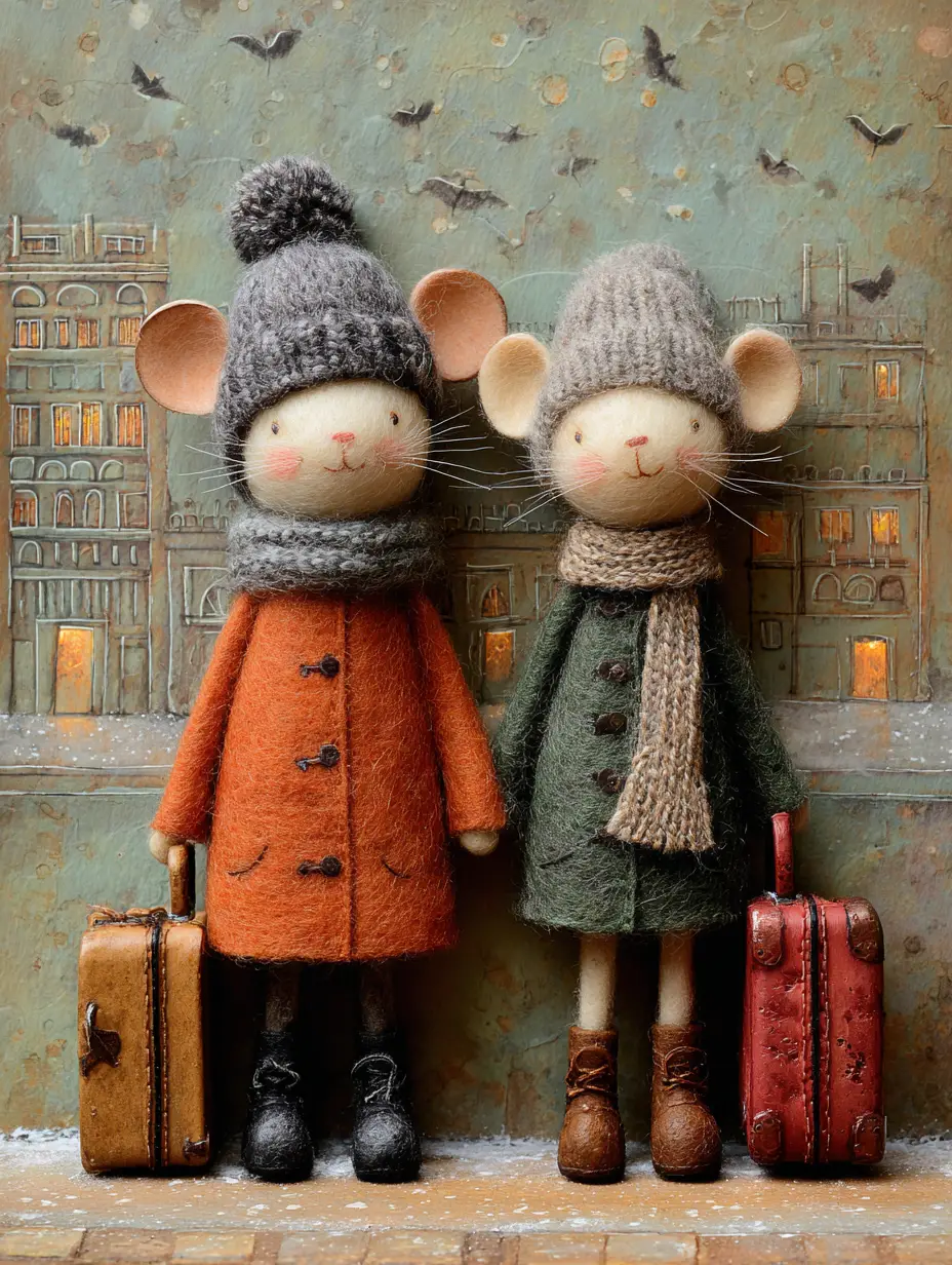 Cat and mouse friends at a whimsical winter train station