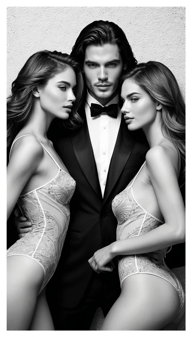 Primo piano passionale in club di uomo che bacia due donne