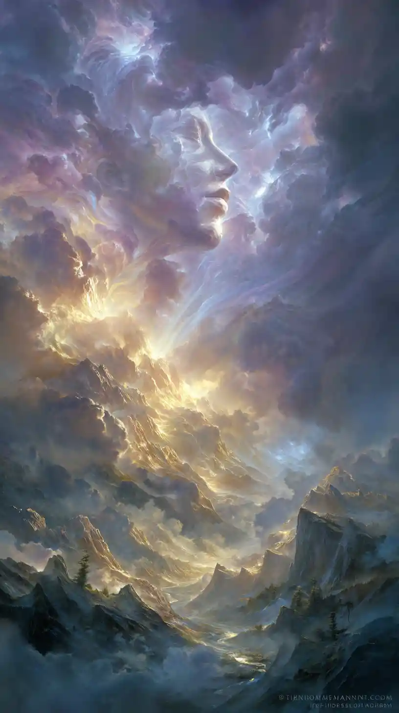 Ethereal cosmic goddess reclining in a dreamlike landscape