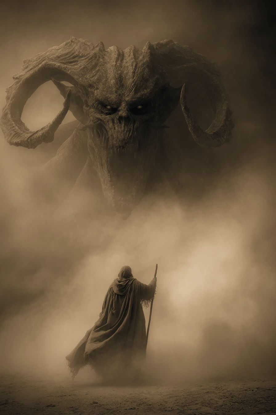 Dark wizard necromancer summoning a towering demon in fog