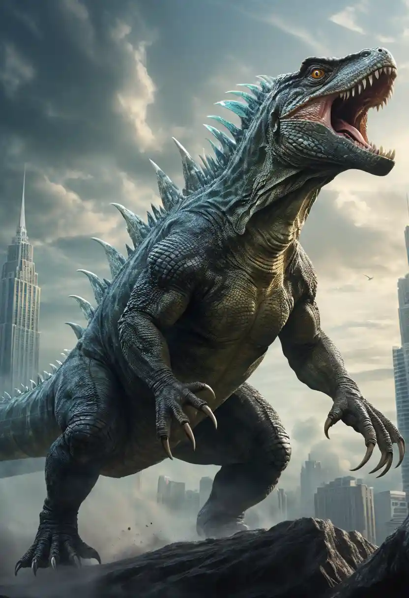 Lagarto monstruo gigante erguido con dientes afilados como cuchillas